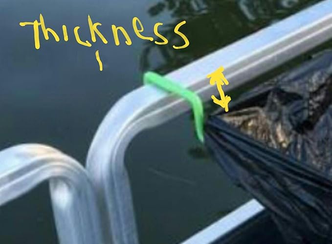 Pontoon - Portable Trash Bag Holder – Measure The Rail Thickness Before Ordering it Will be a Very Tight fit so it Won’t Fall in The Water. Use only a 13-Gallon Drawstring Garbage Bag.