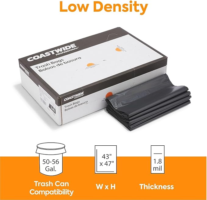 Professional 50-56 Gallon Trash Bag 43 x 47 Low Density 1.8 mil Black 100 Bags/Box