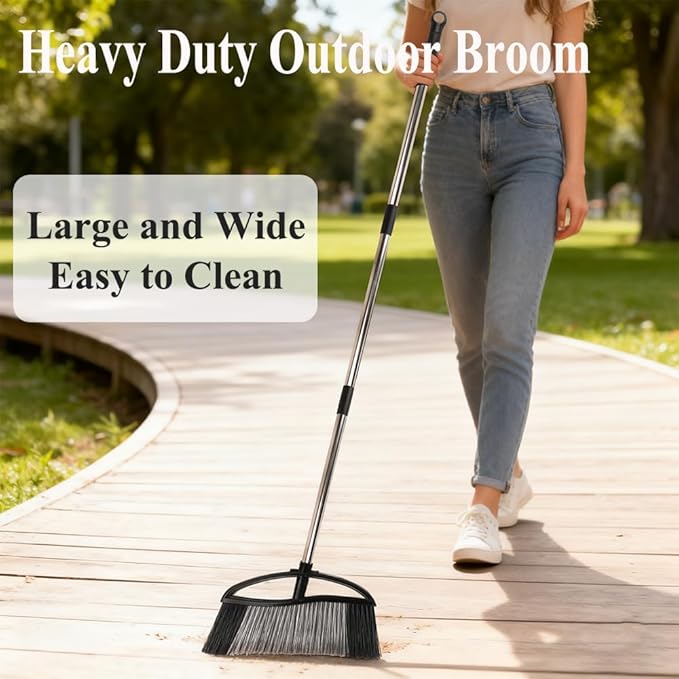 3 Pack Wide Heavy Duty Angle Broom - Stiff Bristle Outdoor Brooms for Sweeping Patio Garden Garage Yard (Black Yellow Green)