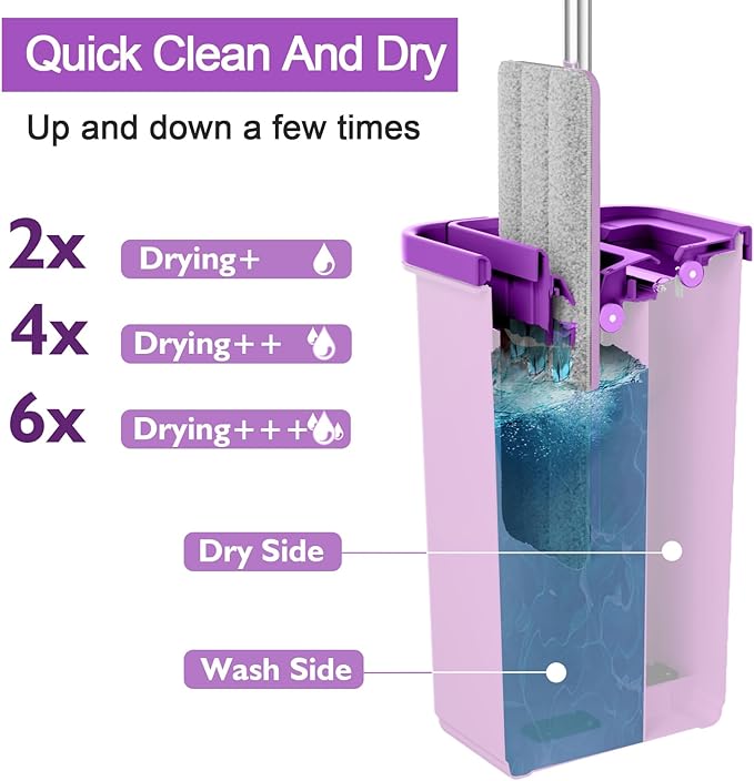 Mop and Bucket with Wringer Set Hands Free Flat Floor Mop and Bucket 5 Washable Microfiber Pads Included Wet and Dry Use Home Floor Cleaning System for All Floor Types and WindowsPurple