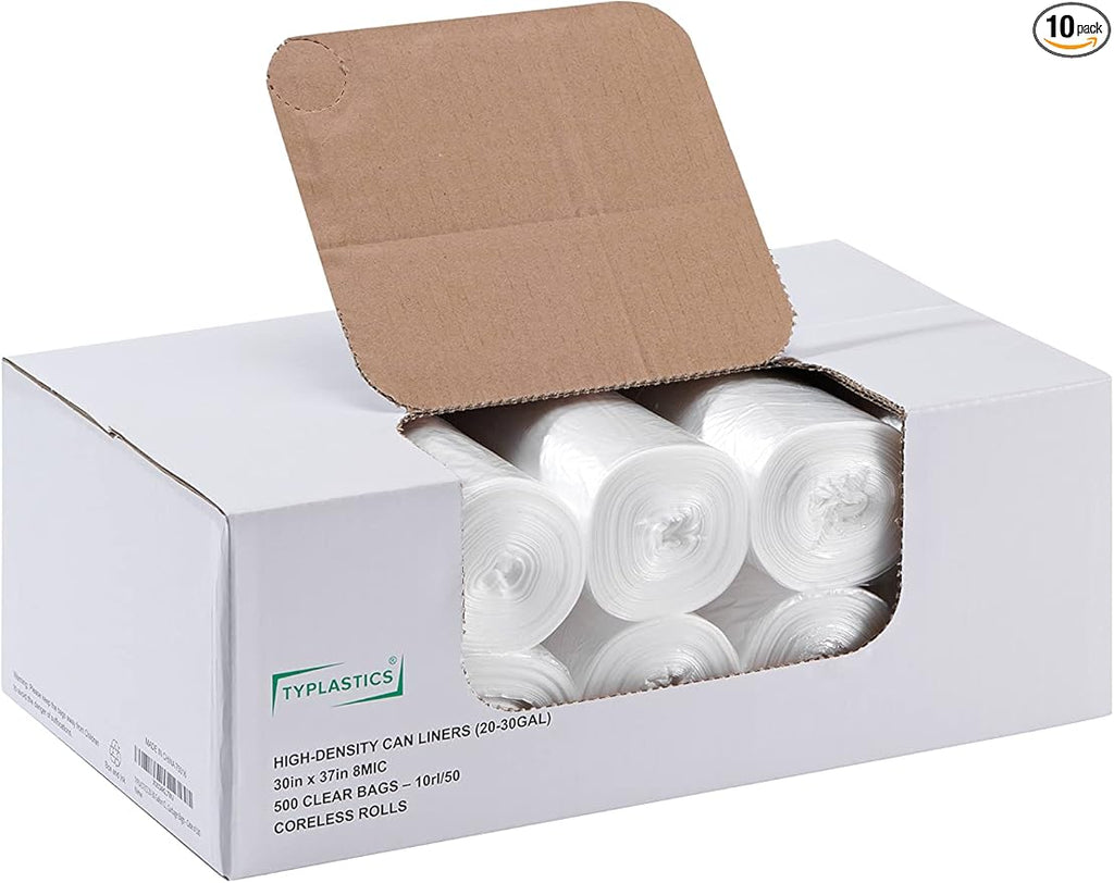 TYPLASTICS 20-30 Gallon Clear Trash Can Liners - 30 x 37 - High Density Garbage Bags - Case of 500 - Multipurpose for Office Outdoor Recycling Industrial and Commercial