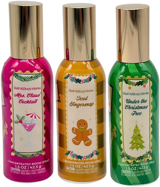 Bath &amp Body Works WINTER HOLIDAY Scents – UNDER THE CHRISTMAS TREE MRS. CLAUS’ COCKTAIL and ICED GINGER SNAP Concentrated Room Spray 3pc Gift Sets 1.5oz w/ 30-In Christmas-Themed Puppy Burlap Rib