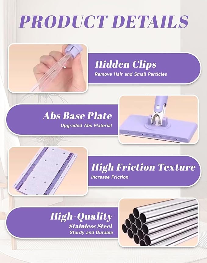 Snap Grip Mini Mop Convenient Cloth Changing Mini Mop Retractable Gap Dust Cleaner Flat Mops with Locking Head &amp Sweeping Cloths 40inch Handle for Multi-Surface No Wash(Purple 93cm)