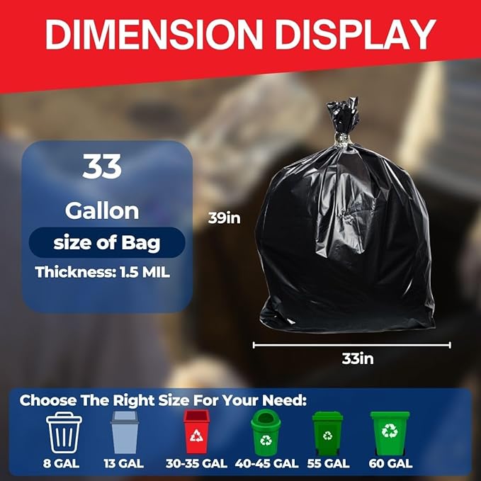 30–35 Gallon Heavy Duty Trash Bags – 100 Count Large Black Garbage Bags 33 x 39 Inch 1.5 Mil Thick Can Liners for Home Kitchen Commercial Lawn and Leaf Cleanup
