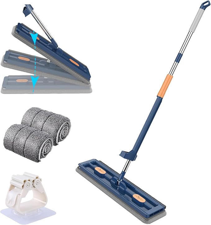 Self-Wringing 360° Flat Mop Multi-Functional Floor Mops Wall Cleaning with 2/4 Microfiber Pads 54 Adjustable Stainless Steel Long Handle Mop for Floors Corner Window (Blue+2 Mops)