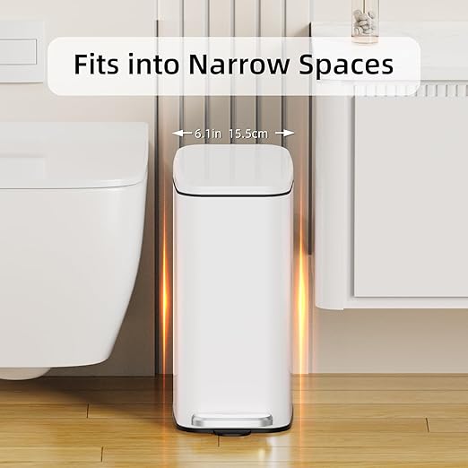 Small Bathroom Trash Can with Lid Soft Close Step Pedal 6L / 1.6 Gal Stainless Steel Garbage Bin with Removable Inner Bucket Slim Wastebasket for Narrow Spaces (White)