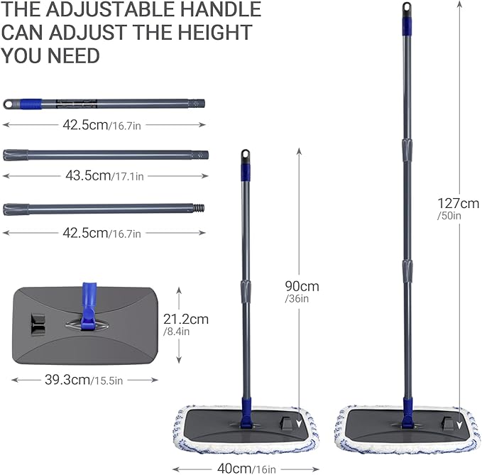 Masthome Extra Large Microfiber Mop for Floor Cleaning 16“ Flat Mop with 5 Pad for Wet &amp Dry Use Dust Mop for Hardwood Laminate Tile Ceramic 1 Cleaning Scraper Included-Blue