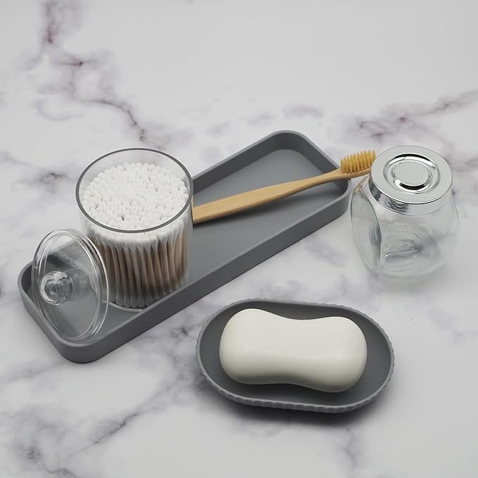 Bathroom Accessory Set - 10 Piece Grey Bathroom Accessories Set with Trash Can Toothbrush Holder and Cup Soap Dispenser Soap Dish Toilet Brush Holder Vanity Tray Qtip Holder Tissue Box Cover