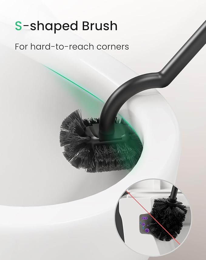 Cesun Toilet Brush and Holder Set - Curved Design Toilet Brush for Deep Cleaning Under Rim 304 Stainless Steel Toilet Bowl Brush and Holder for Bathroom Rv Black(2 Replaceable Brush Head Included)