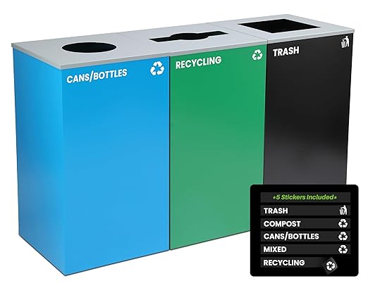 Alpine Indoor Recycling Bin -Commercial Trash Can Recycling Station Combo Customizable 3 Compartment Metal Large Black Blue Green Recycle Trash Cans with Lids &amp Stickers for Office Mall Air