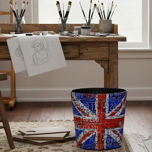 PU Leather Small Trash Can Wastebasket Round Garbage Container Basket for Bathrooms Laundry Room Kitchens Offices Kids Rooms BedroomsDormsHome Decorative Art Bin 2.9 Gallon (Union Jack)