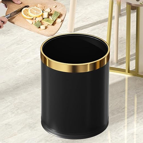 14L/3.7GAL Black and GoldTrash canOpen Top Metal Office WastebasketGold Trash bin Without lid for OfficeHotelStoreRestaurant(Black 14)