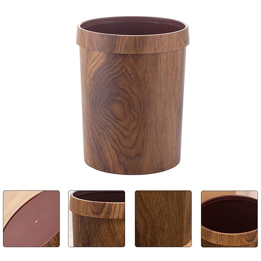 Lurrose Retro Trash Can 10L Imitation Wood Grain Wastebasket with Press Ring Vintage Kitchen Bathroom Garbage Bin for Living Room and Toilet Use