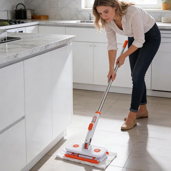 Mini Mop Set with Locking Head &amp Snap Grip | Reusable Washable Pads for Wet or Dry Dusting | Clean Under Furniture Corners Baseboards &amp Multi-Surface Floors (3PC-Orange)