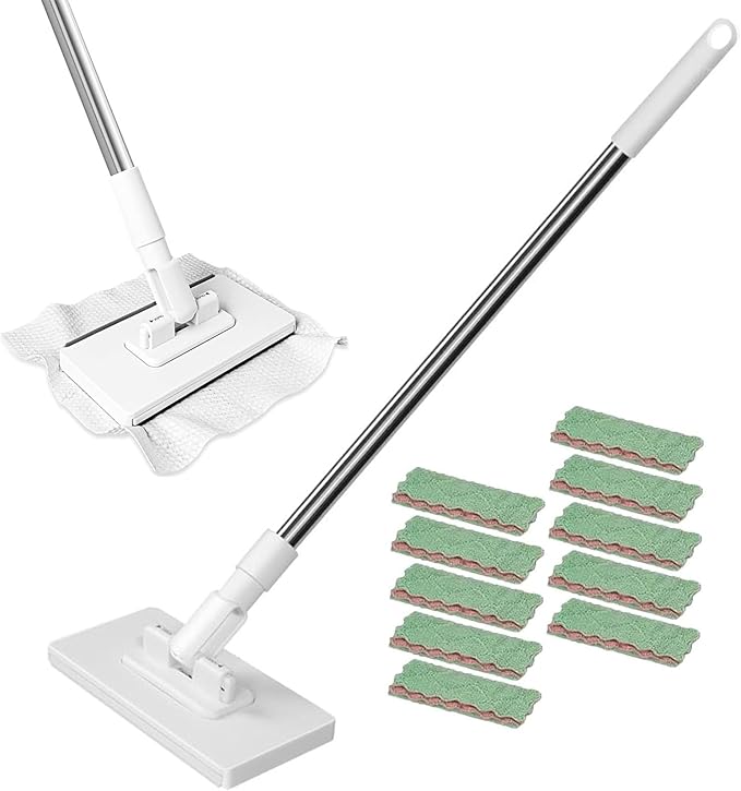 Snap Grip Mini Mop Convenient Cloth Changing Retractable Gap Dust Cleaner Flat Mops with Locking Head &amp Sweeping Cloths No Wash 40inch Handle for Multi-Surface (Mini Mop-10 Cloths)