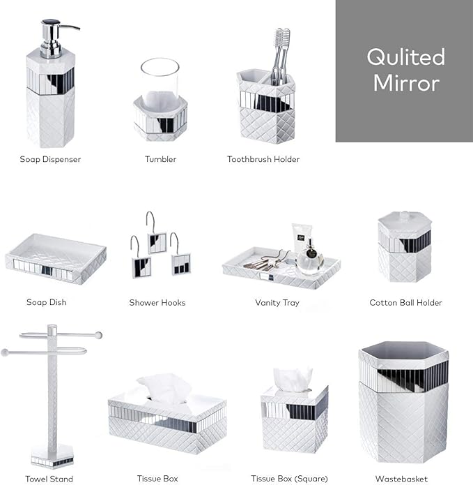 Creative Scents Quilted Mirror White Bathroom Accessories Set - Decorative 6 Piece Bathroom Set Includes: Trash Can Tissue Box Cover Soap Dispenser Toothbrush Holder Tumbler &amp Soap Dish