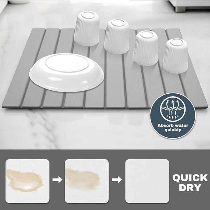AIFLM Large Stone Dish Drying Mats for Kitchen Counter  Quick Dry Absorbent Collapsible Dish Drying Mat 24”(L)x16”(W) Diatomaceous Earth Mats for Dishes Bottles CupsMatch Any Countertop