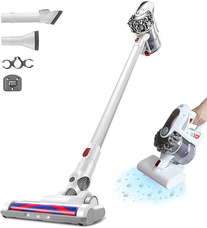 Cordless Vacuum Cleaner 27KPA/300W Lightweight Stick Vacuum with Sofa Brush 40mins Runtime Rechargeable Anti-Tangle Vacuum Cleaner for Home/Pet Hair/Carpet/Hard Floor White
