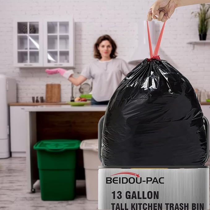13 Gallon Trash Bags Drawstring 500 Count Bulk Value Pack Black &amp Unscented Garbage Bags Multi-purpose Tall Kitchen Trash Bags Can Liners for Business Home Commercial and Industrial