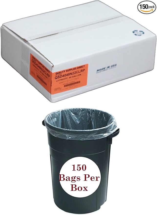 Trash Bags Clear 40-45 Gallon 40 x 48 - (150 Count) Super High Density Rolls 22 Microns (Heavy Duty Trash Liners) | Clear Multi-Use Garbage Bags | Bulk Package | Made in USA | $ Savings $