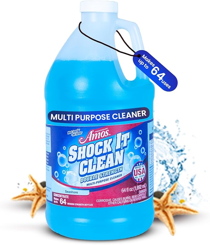 Professor Amos Shock It Clean MultiPurpose Cleaner Double Strength Concentrate All Purpose Carpet Jewelry Upholstery Leather Stain Remover &amp Floor Cleaner (Seashore 64 Oz)