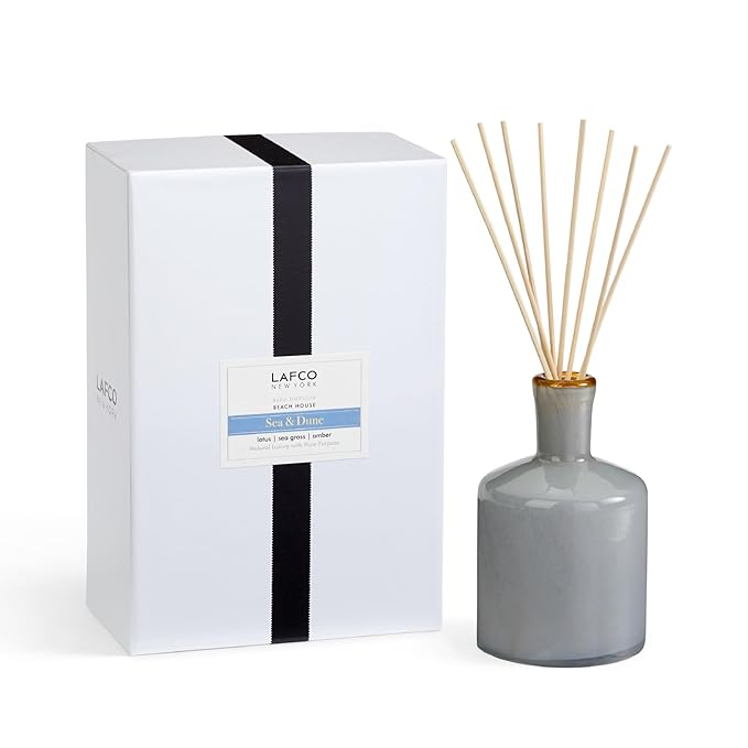 LAFCO New York Signature Reed Diffuser Sea &amp Dune - 15 oz - Up to 9 Months Fragrance Life - Reusable Hand Blown Glass Vessel - Natural Wood Reeds - Made in The USA