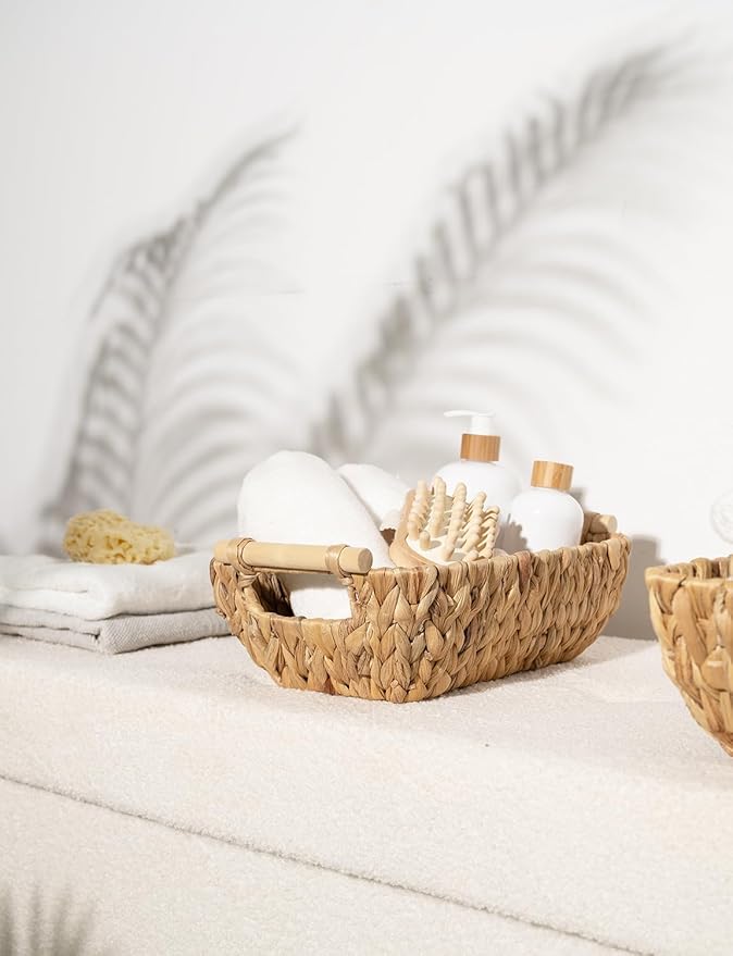 StorageWorks Hand-Woven Small Wicker Baskets Water Hyacinth Storage Baskets with Wooden Handles 2-Pack