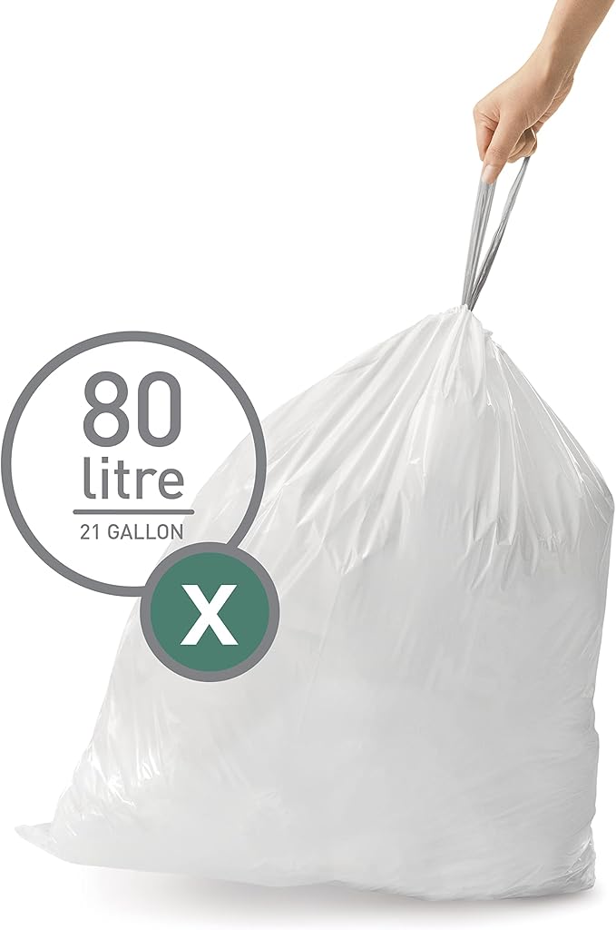 simplehuman Code X 60 Count Dispenser Pack Custom Fit Liners Drawstring Trash Bags 80 Liter / 21.1 Gallon White