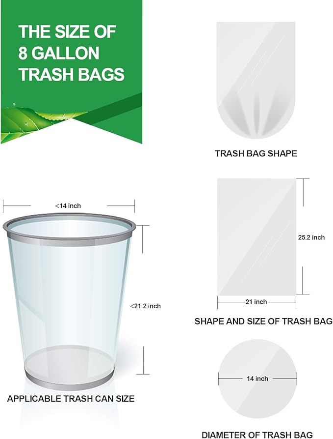 FORID Clear Trash Bags 8 Gallon Garbage Bags Wastebasket Bin Liners 110 Count Plastic Trash Bags for Bathroom Bedroom Office Garbage Can 30 Liters - Durable &amp Thick Trash Bag - Medium (Pack of 2