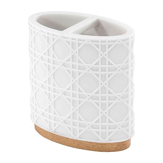 Nicole Miller - Toothbrush Holder Durable Resin Countertop Accessories with Faux-Wood Base Modern Bathroom Decor Dorm Room Essentials (Lena Collection White)