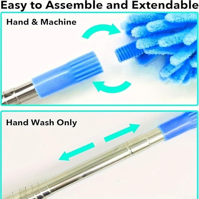 6pcs Telescopic Duster Set Extendable to 213cm Microfibre Mop with Hook High Ceilings and Cobwebs Washable Cleaning Brush Kit Blue
