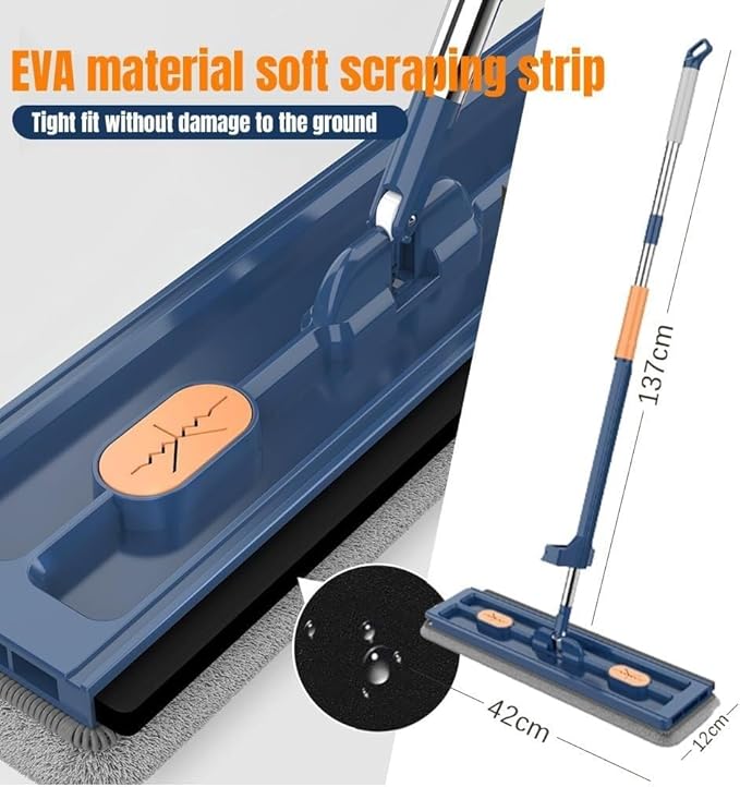 Large Flat Mop New Upgrade Style Large Flat Mop for Wet and Dry Use360 Rotating Dust Mop with Dewatering Scraper with 2 Scraper 12027(Blue with 2 Mop)