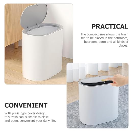 8l Large Capacity Trash Can with Press Lid Grey-White Plastic Wastebasket for Bathroom Kitchen Bedroom Narrow Space Use