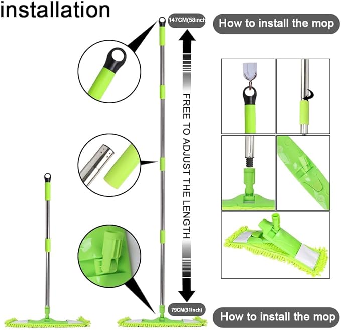 [Godiyyer] Dust Mop for Floor Cleaning 360° Swivel Chenille Mop with 2 Washable Pads Adjustable 31-58 Handle Dry and Wet Available Suitable for Hardwood Laminate Tile Marble