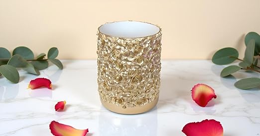 Decorative Glod Trash Can Elegant Resin Carved Waste Basket 8x10 Trash Bin Decor Rose Floral Garbage Can for Office BathroomBedroomLivingroom 8L/2.2Gallon(Gold)