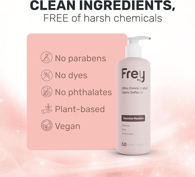 FREY Natural Liquid Fabric Softener &amp Conditioner | Laundry Softener for Clothing | Works In All Machines + HE | Powered by Natural Ingredients (2-pack Jasmine Rose)