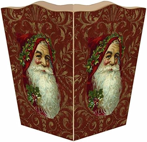 Marye-Kelley Santa Face on Red Damask Wastepaper Basket Wastebasket Decoupage Wood Decorative Wastebasket for Kitchen Bathroom Bedroom Living Room Handmade Made in The USA