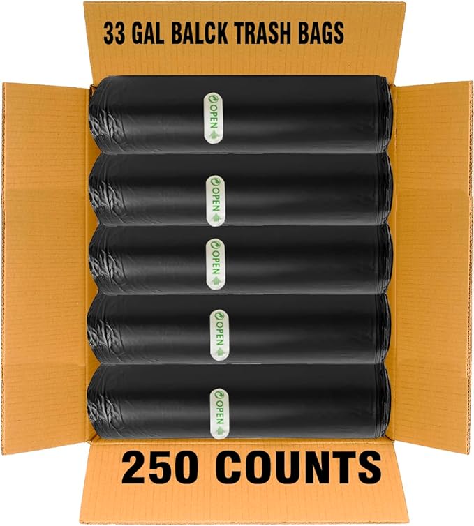 33 Gallon Trash Bags 250 Count Bulk Black Garbage bags Multi-purpose Trash Can Bin Liners for Home Commercial Outdoor Construction Industrial Janitorial Municipal Lawn Leaf