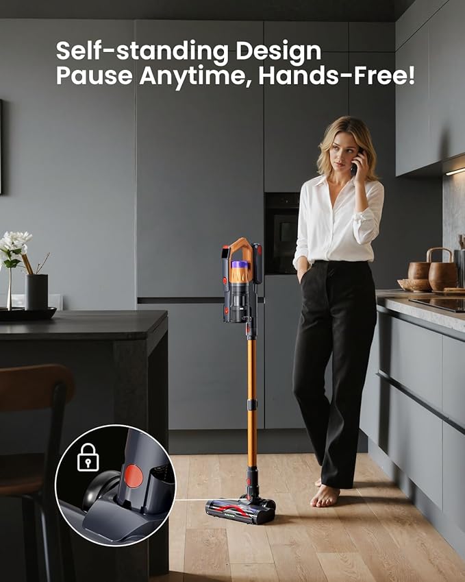 Cordless Vacuum Cleaner for Home Upgraded 60Kpa Powerful Suction Pet Hair Vacuum with 70min Runtime Green LED Light for Hardwood Floors &amp Carpet Self-Standing Rechargeable Stick Vacuum Golden