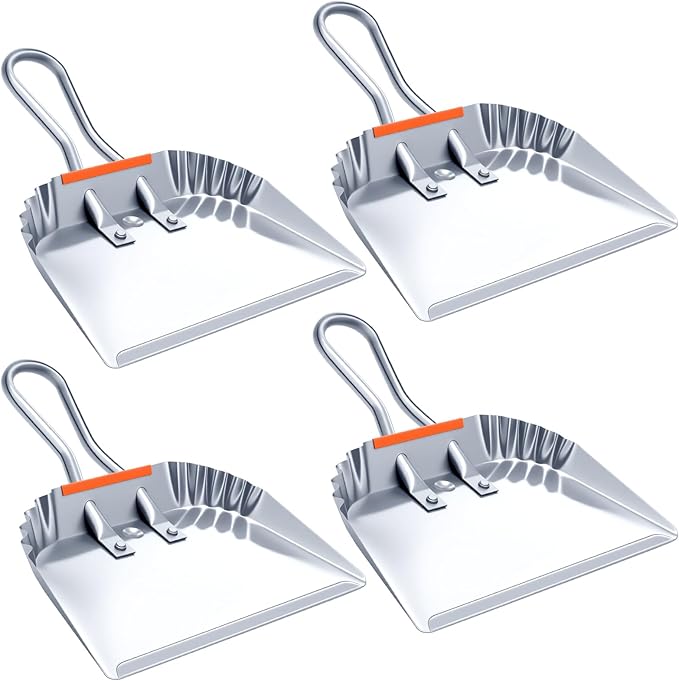 Mumufy 4 Pack Industrial Metal Dustpan 12 Heavy Duty Dust Pan with Handle Handheld Dustpan Wide Scooper Dust Debris Sweeping Tool Precision Edge Ideal for Cleaning Indoor Outdoor Surfaces (Silver)
