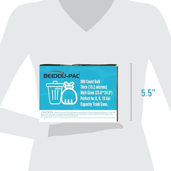 8-10 Gallon Trash Bags Drawstring 300 Count Bulk Black &amp Unscented Multi-purpose Garbage Bags for Business Home Bathroom Kitchen Commercial and Industrial
