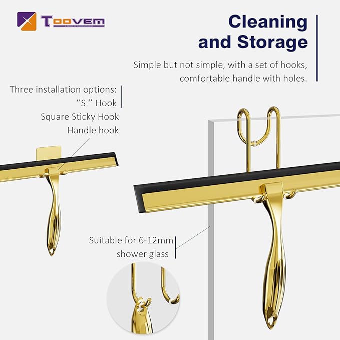 TOOVEM 12 Inch Shower Squeegee for Glass Doors Window Bathroom Car Windshield Shower Cleaning Tools with S Hook Square Sticky Hook（Gold）