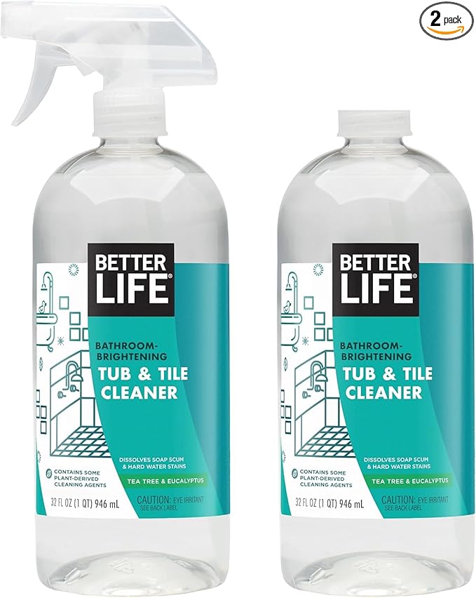 BETTER LIFE Bathroom Cleaner - Tea Tree Bathtub &amp Shower Cleaner Spray for Glass and Tile - Foaming Mold and Mildew Remover for Tub Works on Hard Water Stains - 32oz (Pack of 2)