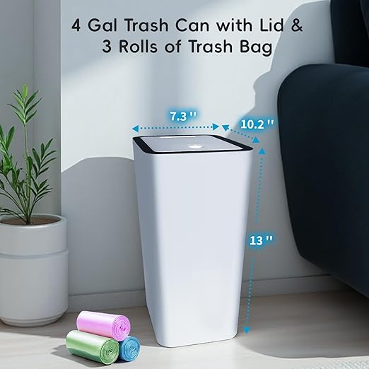 Lysam Small Trash Can 3 Pack 4 Gallons Bathroom Garbage Can with Lid Press-Top Small Waste Basket with Trash Bags Slim Plastic Garbage Bin for Dorm Office Bedroom Kitchen Living Room (Multi)