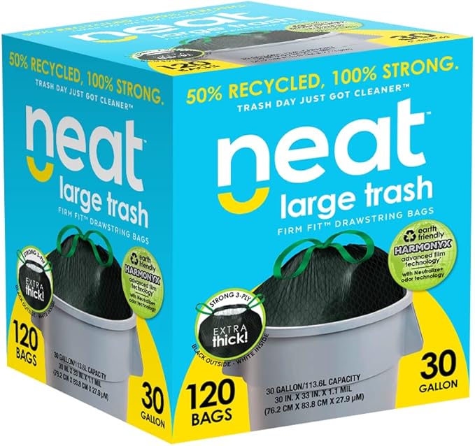 Neat Tall Kitchen 30 Gallon Drawstring Trash Bags - (MEGA 120 COUNT) - Triple Ply Fortified Eco-Friendly 50% Recycled Material Neutralize+ Odor Technology Reversible Black and White Garbage Bags