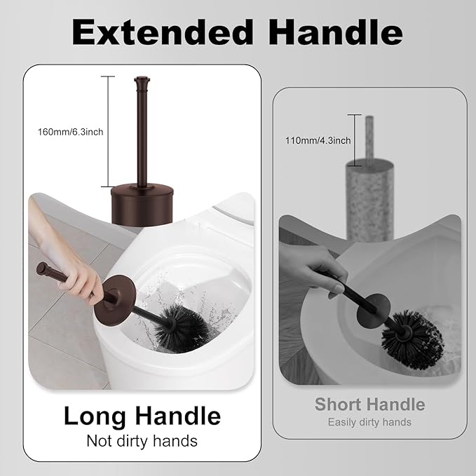 Bronze Toilet Brush and HolderExtra Long Handled Toilet Brush for BathroomStainless Steel Heavy Duty Toilet Bowl BrushRemovable Inner BowlDeep Cleaning Dense Bristles Cleaner Brush -Space Saving