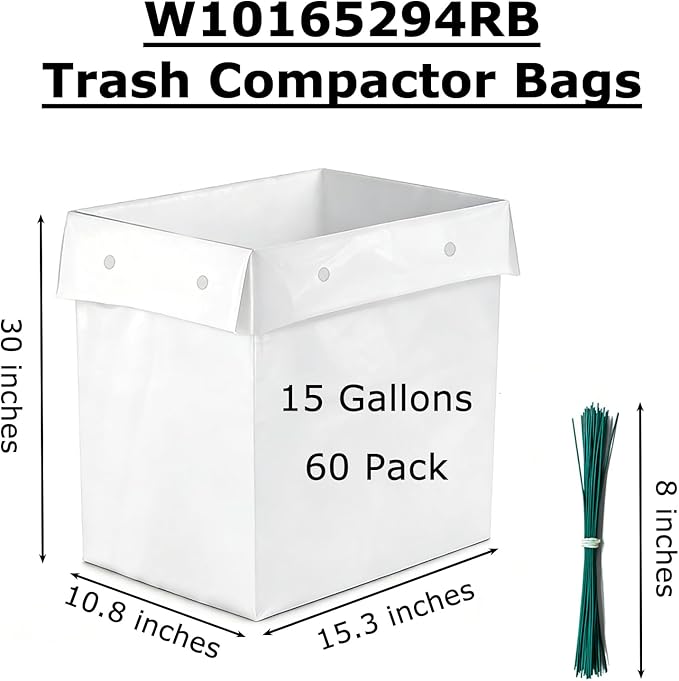 60 Pack Trash Compactor Bags Heavy Duty Compactor Bag for Kitchen Leak Proof 2.6 MIL Thickened Garbage Compactor Bags Fit for 15 inch Drawer Compactors(with Reserved Holes&ampTies)