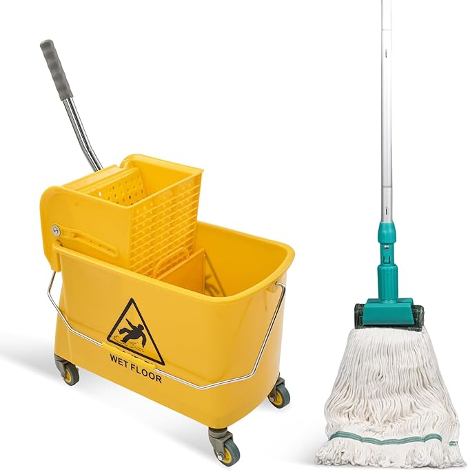 22 Qt (5.5 Gallon) Mop Bucket with Wringer for Floor Cleaning Handle Wheels 16.5 L x 10.6 W x 26.4 H YellowAdd One Loop-end String Mop