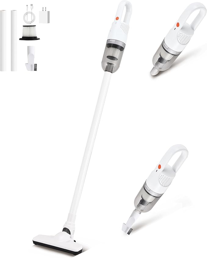 6-in-1 Lightweight Stick Vacuum Cleaner with 100W Powerful Motor Mini Portable Household Handheld Vacuum Cleaner for Domestic Hard Floors Carpets and Pet Hair (White Cordless with Plug)