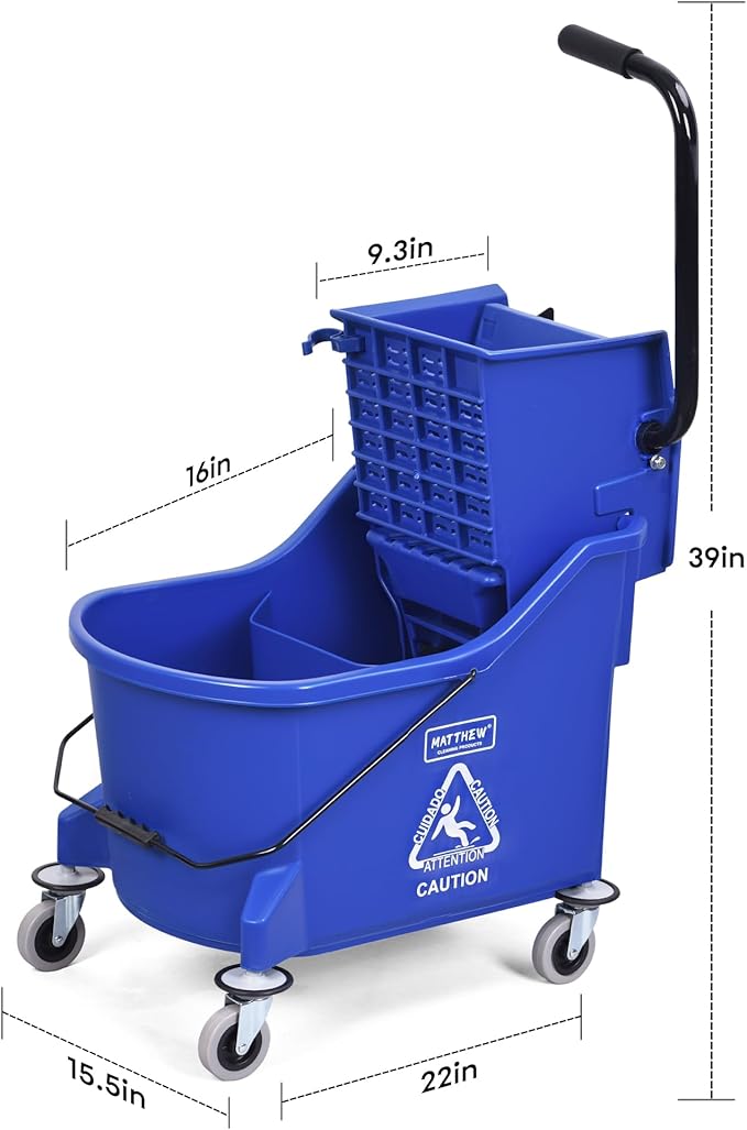 Matthew Cleaning Blue 44Quart Commercial Mop Bucket INCL.Wet String Mop&amp 19'' Industrial Wet Floor Sign with Side Press Wringer On WheelsTandem Portable Floor Cleaning WavebrakeIdeal for Househo